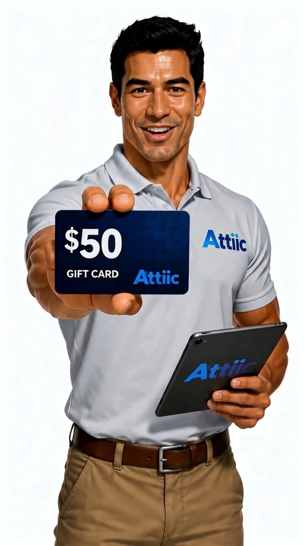 Attiic specialist holding a 50 dollar gift card