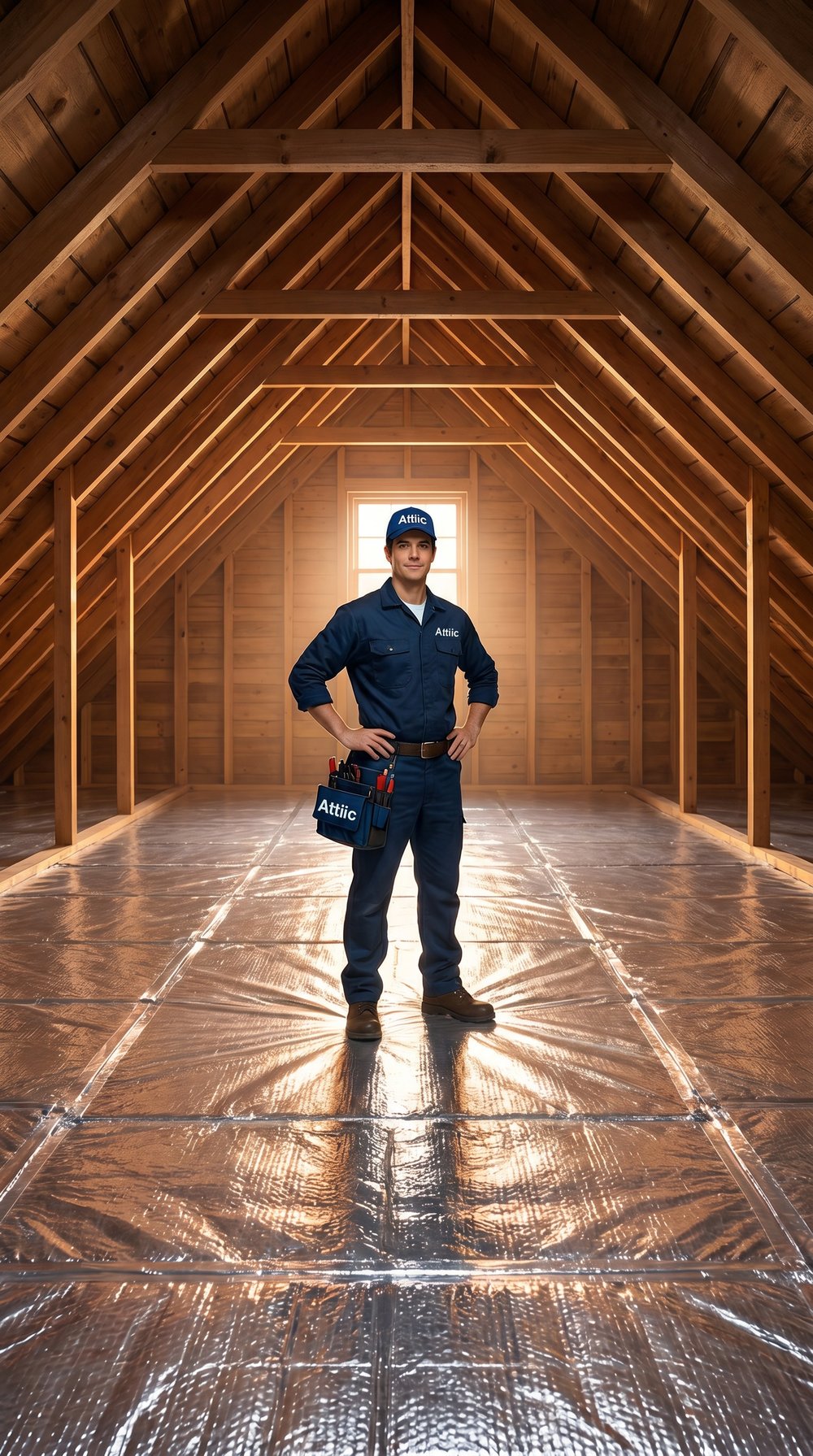 An Attiic installer standing in a finished attic lined with reflective material