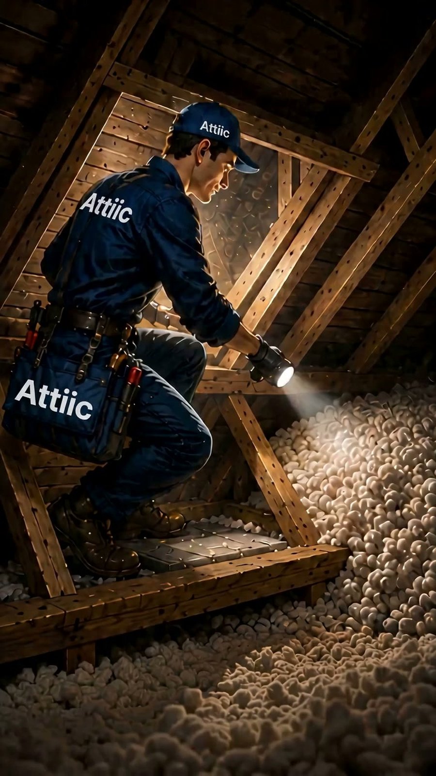 Attiic specialist inspecting an attic with a flashlight
