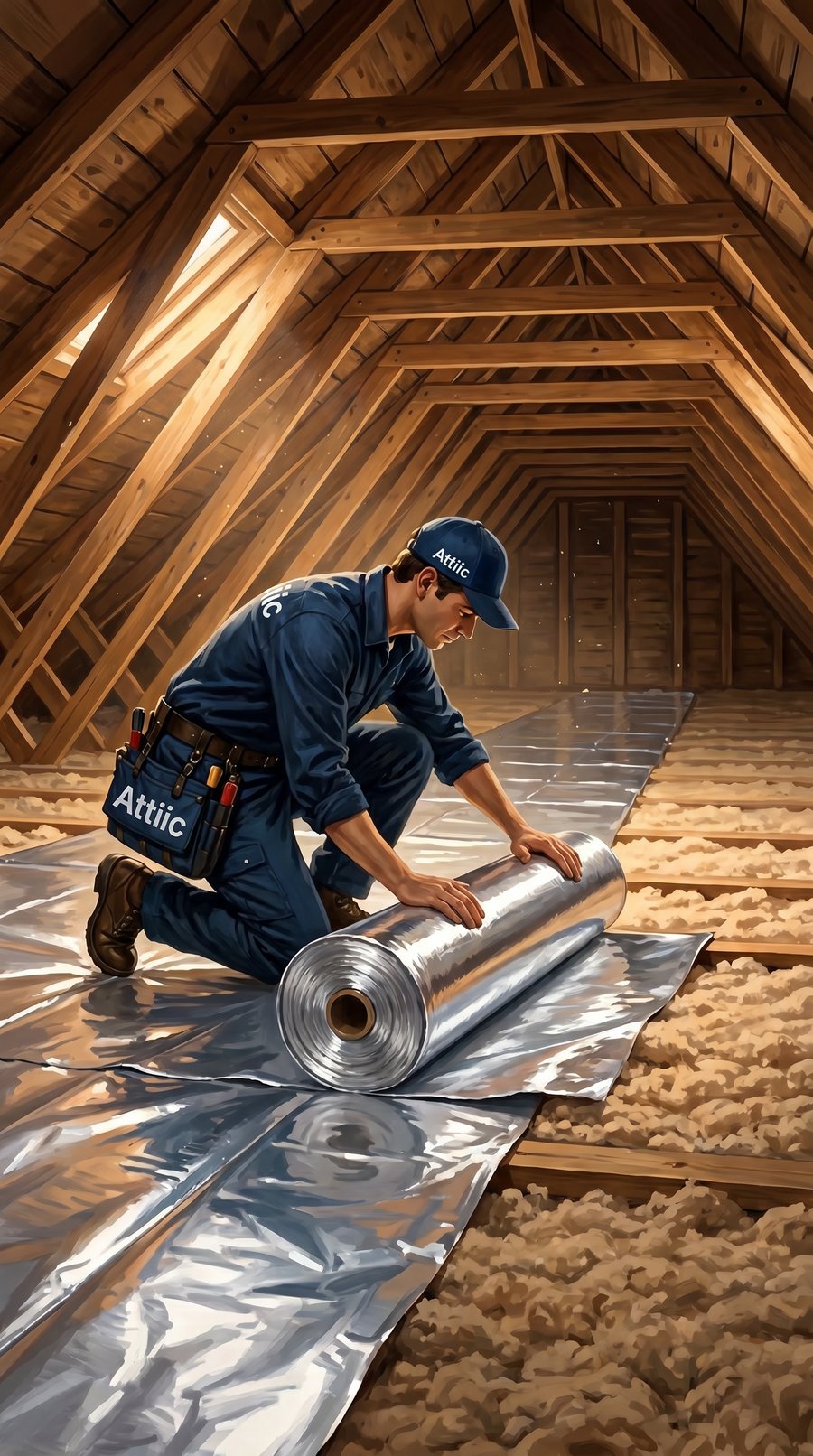 Attiic installer rolling the reflective layer over existing insulation