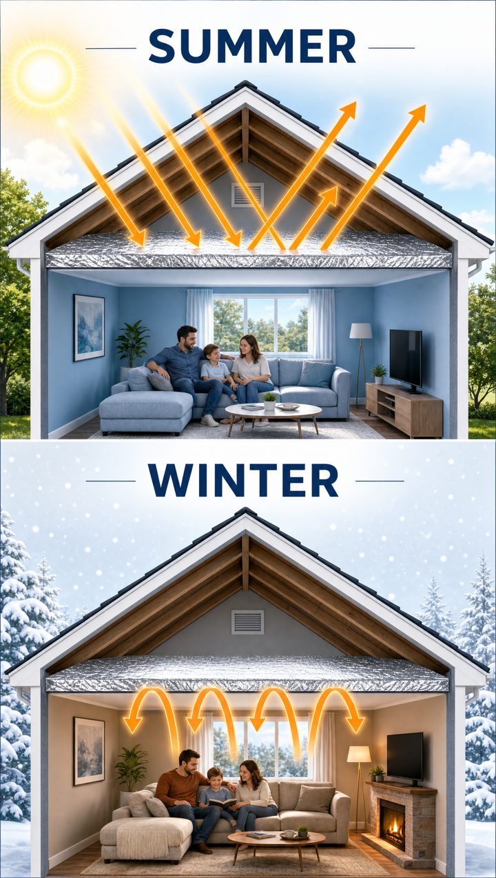 Diagram showing the reflective layer blocking heat in summer and keeping heat in during winter